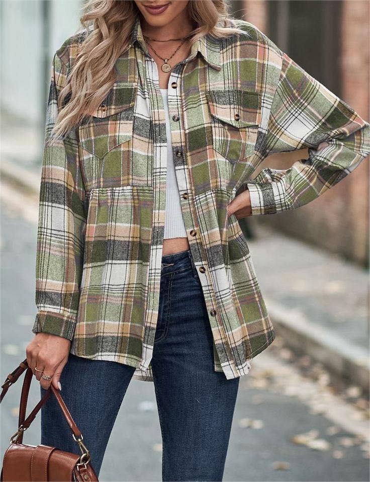 Rosa Clothing - Wholesale Button Down Shirt - Women's - Pocket long-sleeve plaid shirt jacket17
