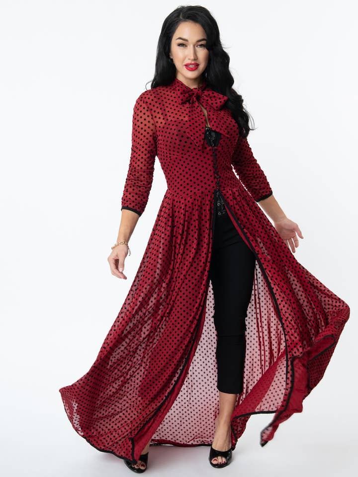 Unique Vintage Burgundy & Black Swiss Dots Tallullah Duster for wholesale by Unique Vintage