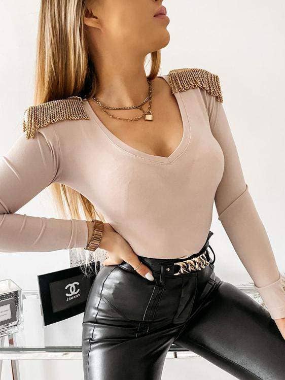 kedja tofs dekor vneck form monterad topp för wholesale av Queen Fashion