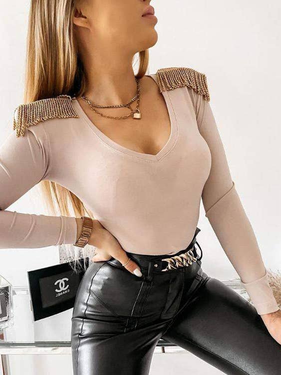 chain tassel decor vneck form fitted top for wholesale by Queen Fashion
