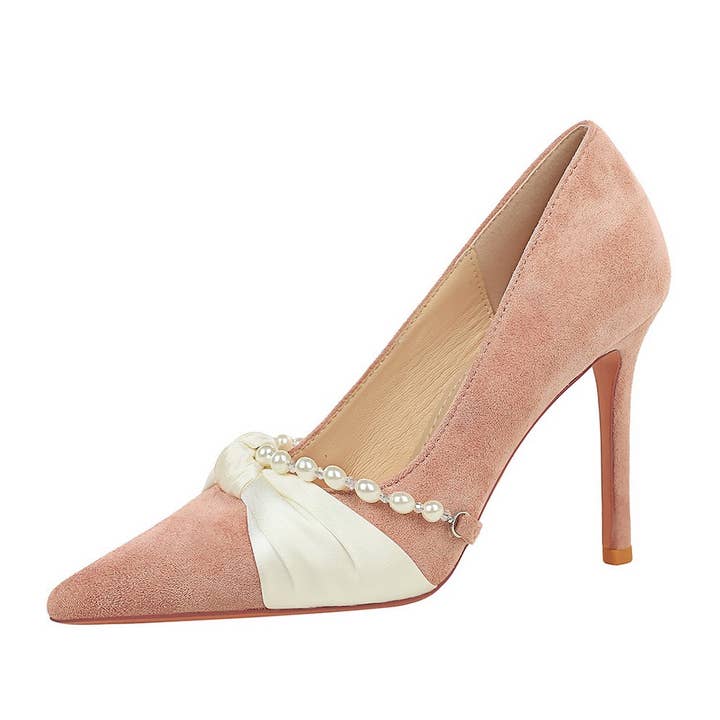 JP108 Wildleder-Stilettos mit Perlenketten-Schleifenakzent für den Großhandel von JanL Ladies Shop