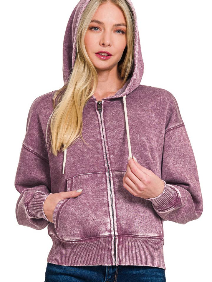 ..SI-25313 Acid Wash Fleece Cropped Zip-Up Hoodie voor wholesale door 42POPS