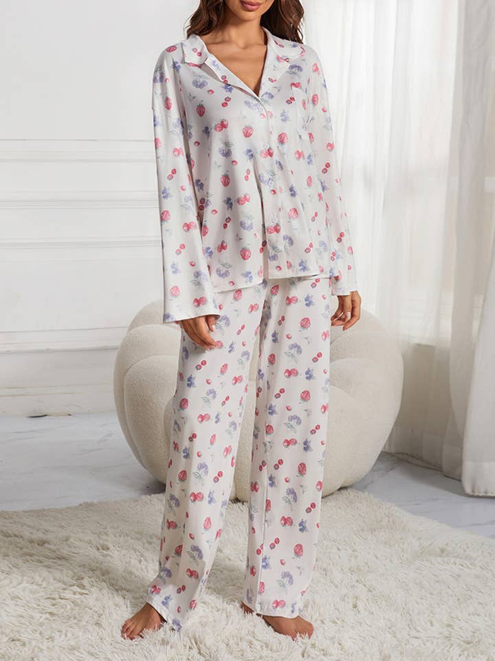 Flower And Fruit Printed Wide Leg Pants Pajama Set for wholesale by Wholesalesir