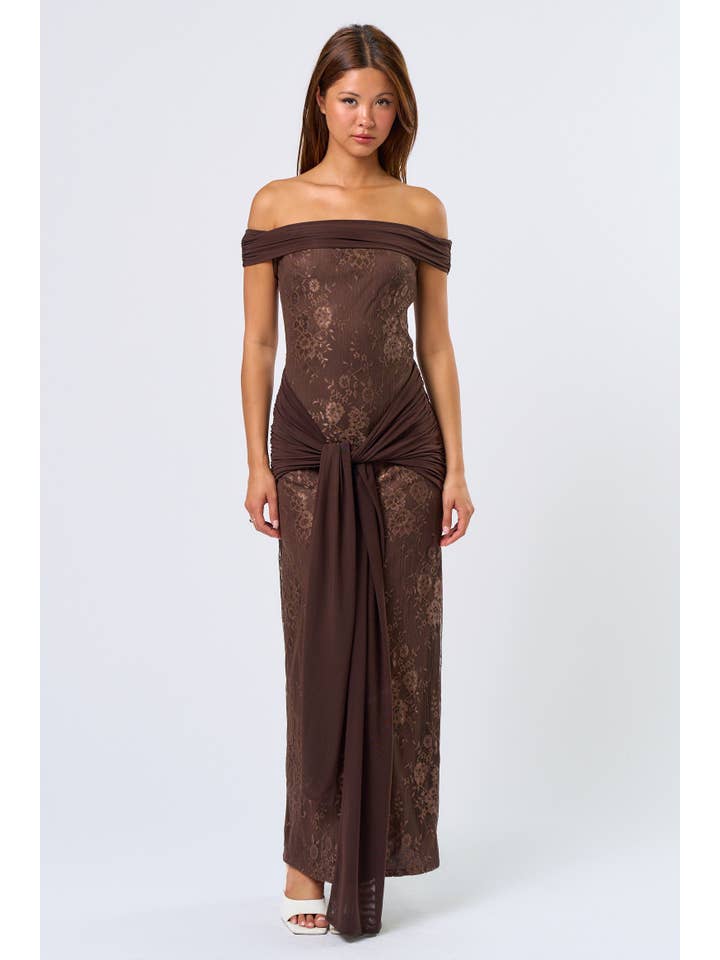 Brown Lace Tube Off-the-Shoulder Midi Dress for wholesale on Faire4