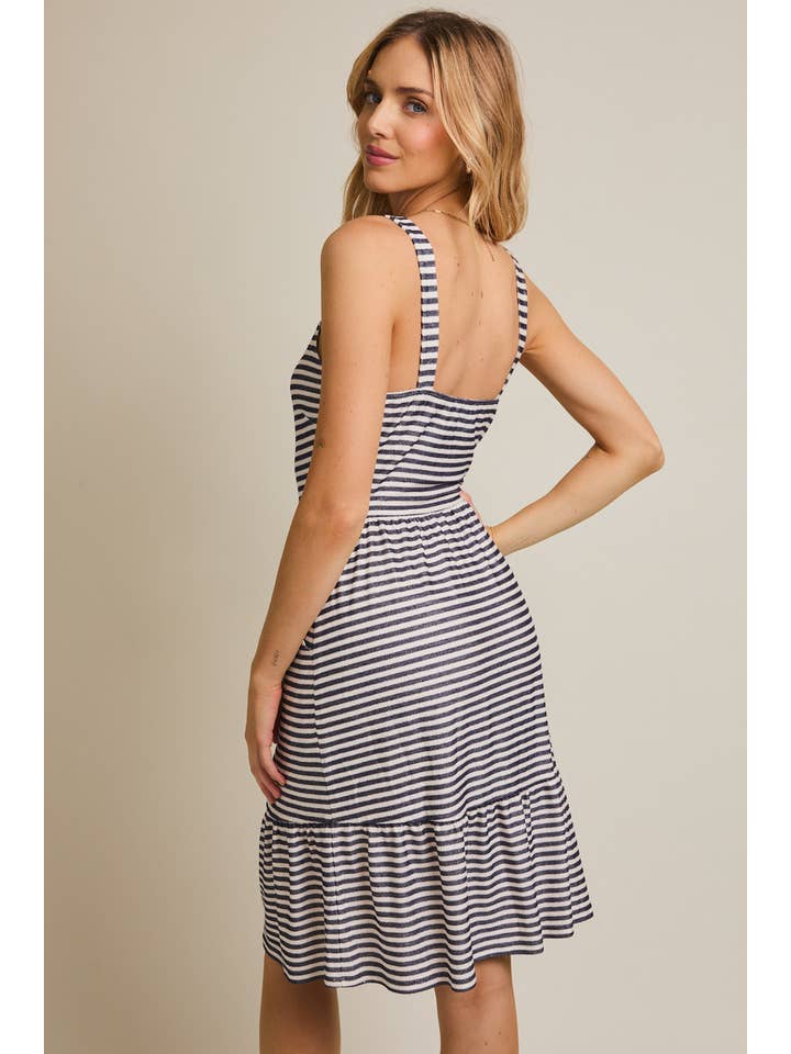 STRAP SIDE POCKET TIREDED STRIPE DRESS for wholesale on Faire