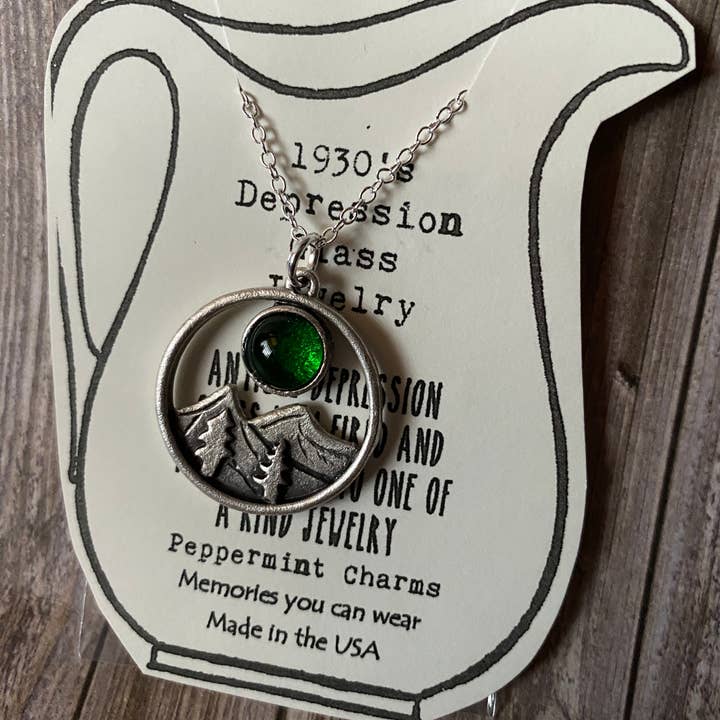 Vintage Emerald Depression glass tree mountain pendant for wholesale by Peppermint Charms