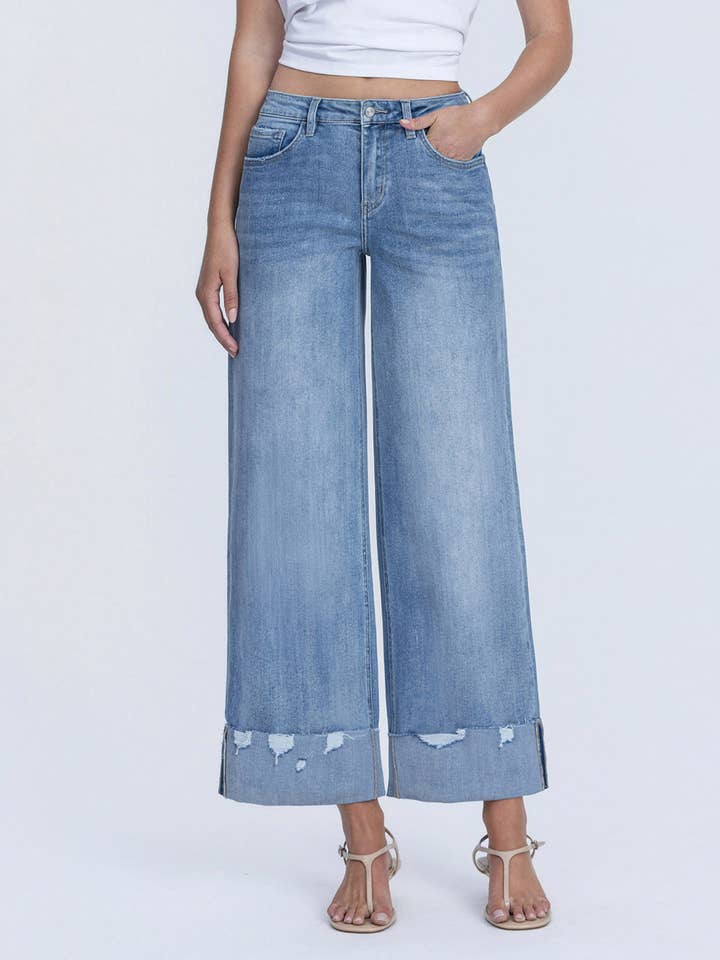 NOVELTY HIGH RISE MEDIUM WASH CUFFED WIDE JEANS LV1604 for wholesale on Faire