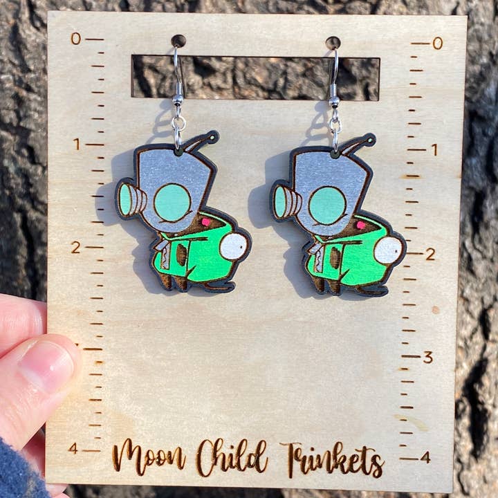 Invader Zim Gir Hand Painted Wood Dangle Earrings for wholesale by Moon Child Trinkets