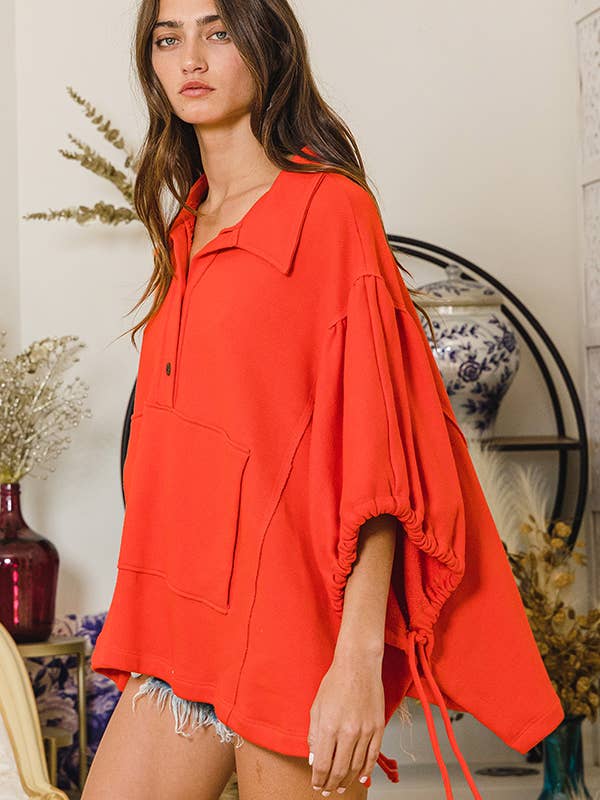BUCKETLIST - Wholesale Tunic - Women's - T2195 Oversized Drawstring Tie Sleeves Detail Solid Top