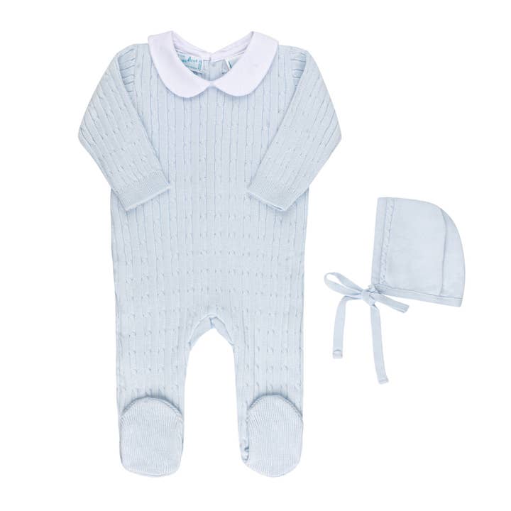Boys Peter Pan Cable Knit Romper and Bonnet for wholesale by Feltman Brothers