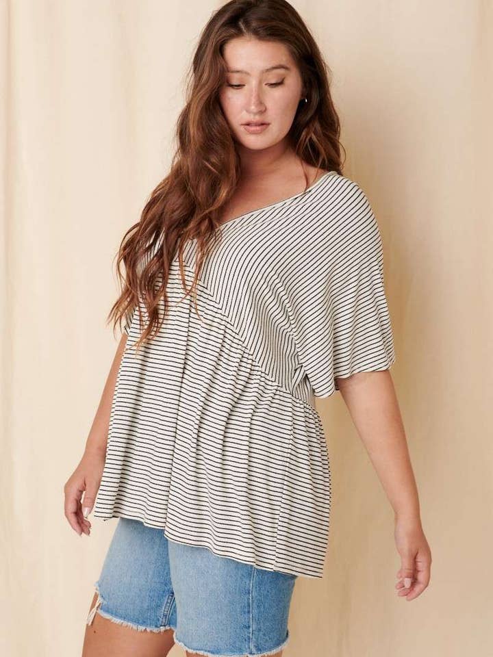 CT9146PL-PLUS STRIPE V-NECK BABYDOLL KNIT TOP for wholesale by mittoshop