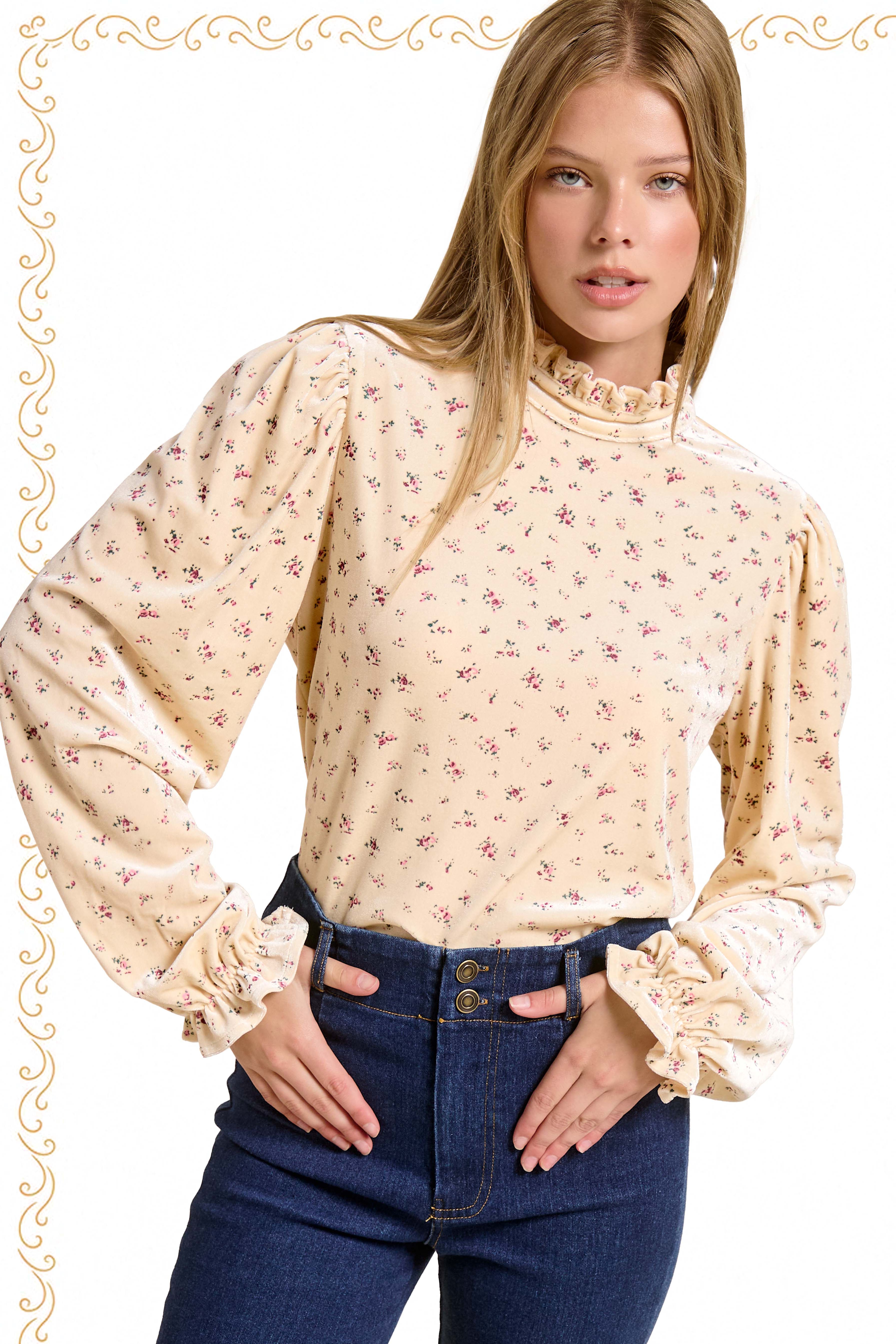 La Miel - Vente Chemisier – femme - HDT7718-Haut à manches longues avec col montant à volants en velours à motif floral9