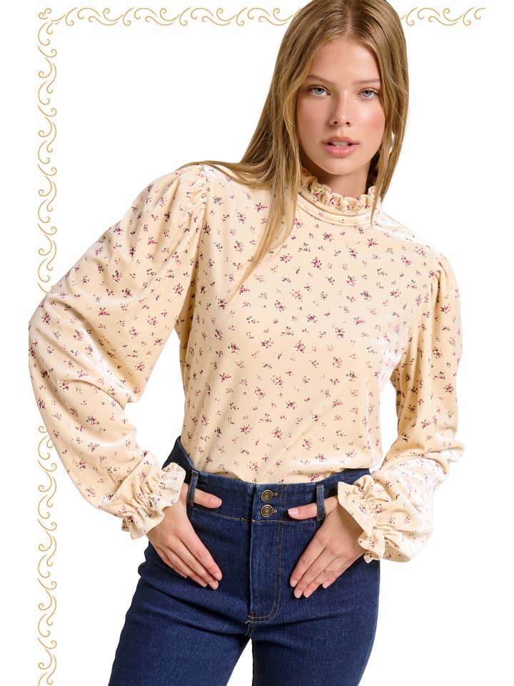 La Miel - Wholesale Blouse - Women's - HDT7718-Velvet Floral Ruffled Mock Neck Long Sleeve Top9