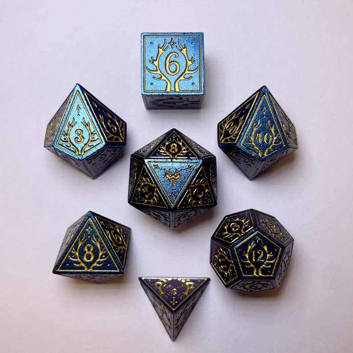 HY00561 Metal Druid RPG Dice Set - Glitter Blue w/Gold for wholesale by Hymgho Premium Dice