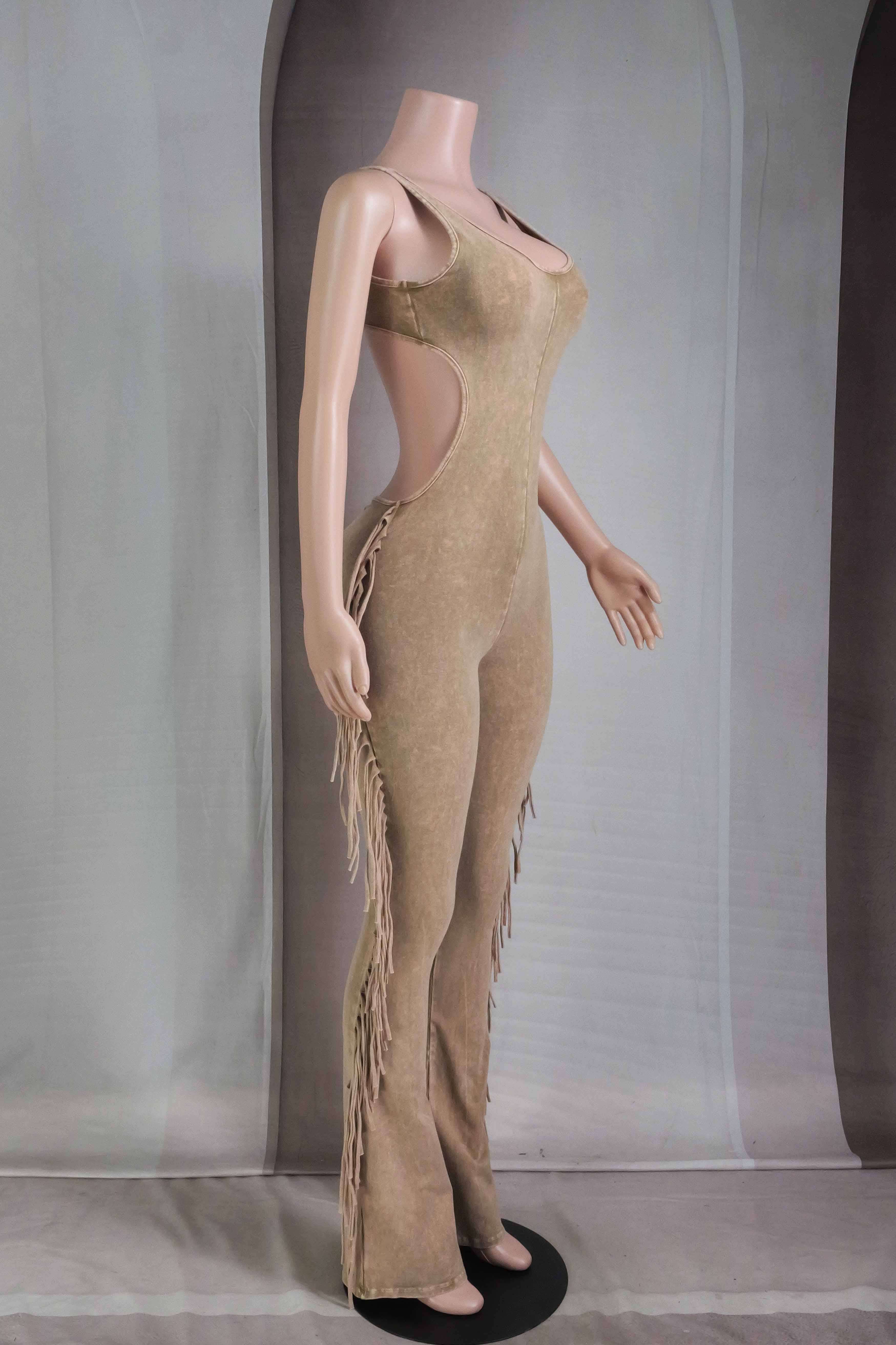 Cocoa Cream MINERAL WASH FRINGE OPEN BACK JUMPSUIT for wholesale on Faire2