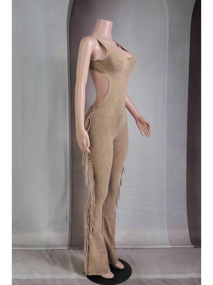 Cocoa Cream MINERAL WASH FRINGE OPEN BACK JUMPSUIT for wholesale on Faire2