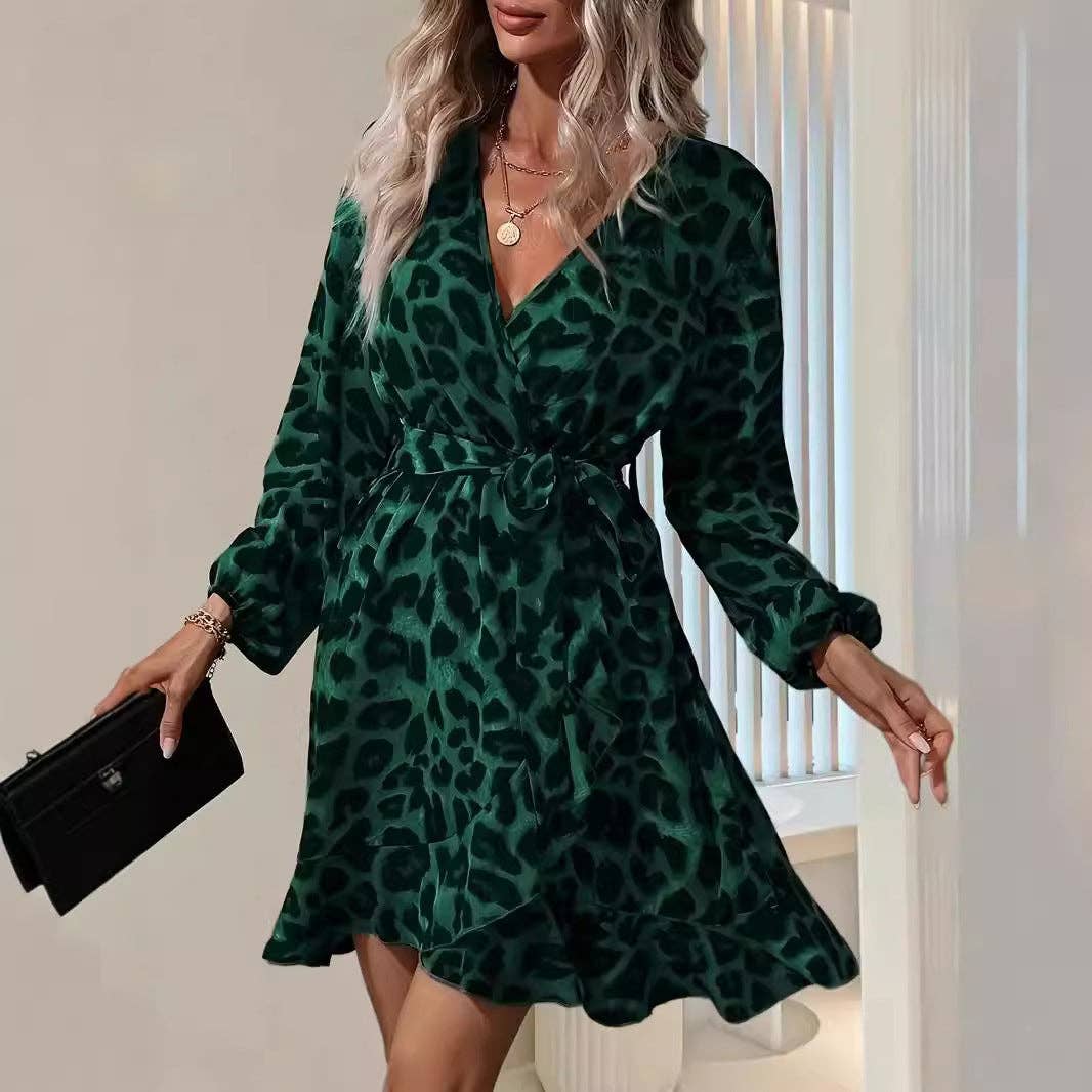 Masyal – wholesale Klänning - Dam – Leopardmönstrad V-ringad Asymmetrisk Klänning med Hög Midja för Kvinnor4