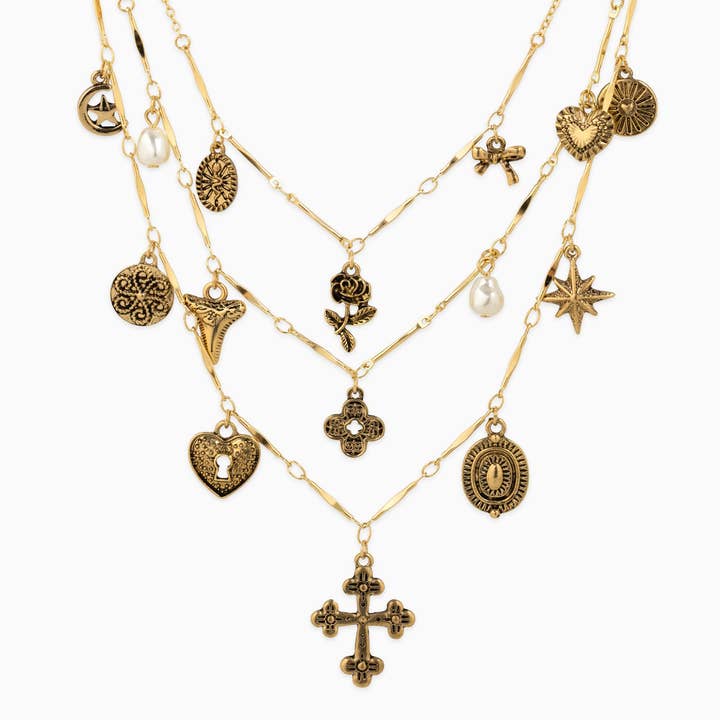 Sessori - Wholesale Pendant/Charm Necklace - 3 Layered Vintage Antique Cross Rose Necklaces