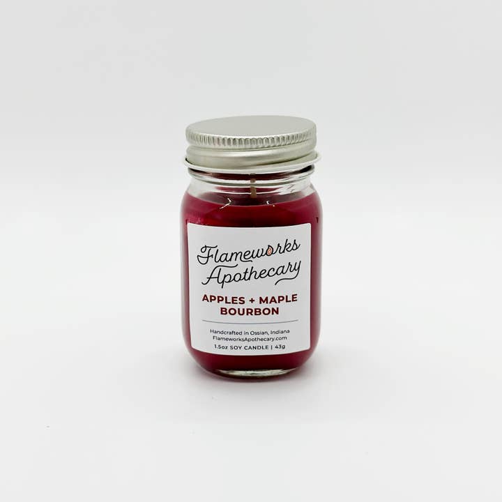 Apples + Maple Bourbon 1.5 oz Mini Mason Jar Soy Candle for wholesale by Flameworks Apothecary