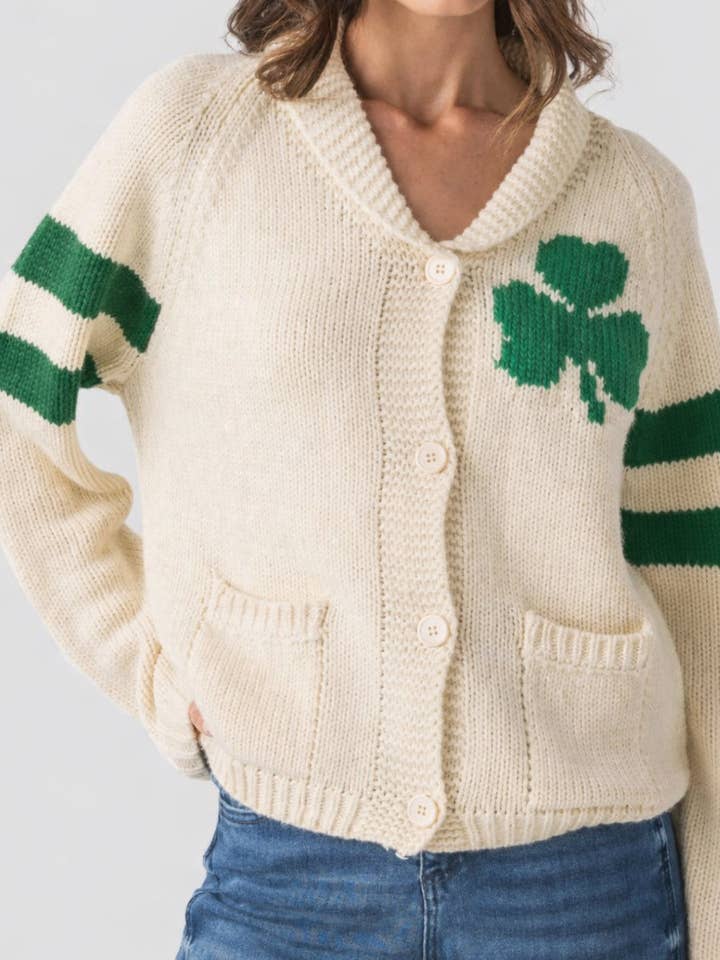 Irish Varsity Cardigan In Ivory Green Stripes for wholesale by Pink Pineapple