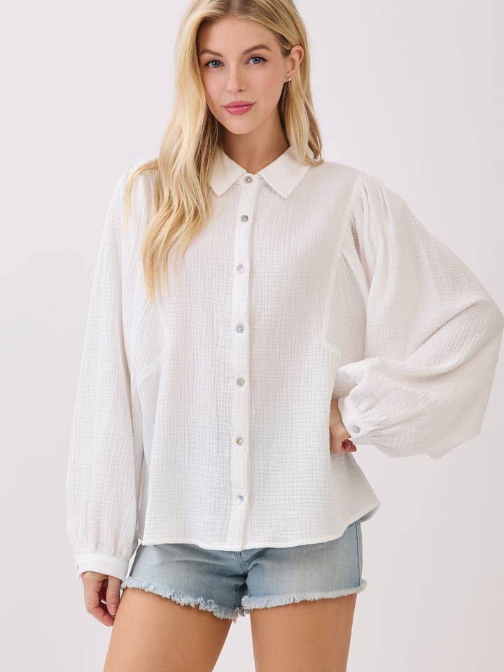 SOLID GAUZE PUFF SLEEVE BUTTON DOWN SHIRTS - VT6082 for wholesale by Calista