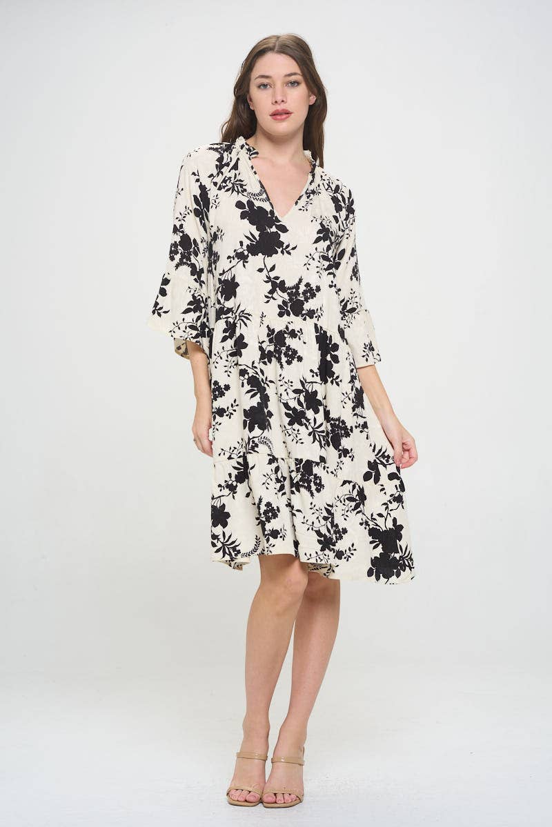 Black Ivory Made in USA Floral Print V neck 3/4 Sleeve Tiered Dress for wholesale on Faire3