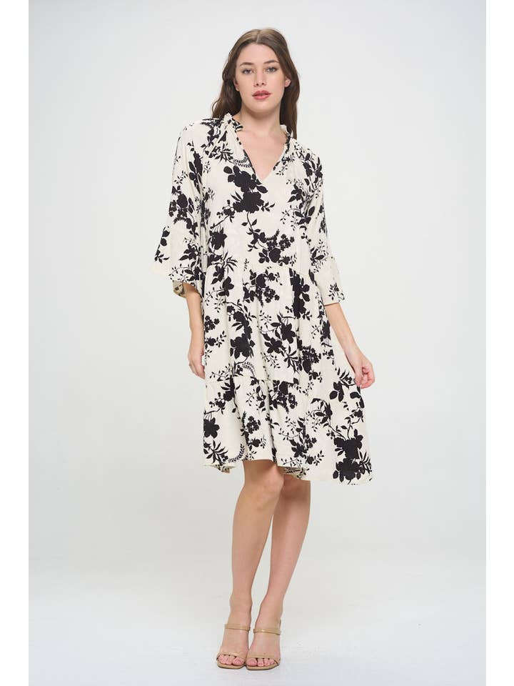 Black Ivory Made in USA Floral Print V neck 3/4 Sleeve Tiered Dress for wholesale on Faire3