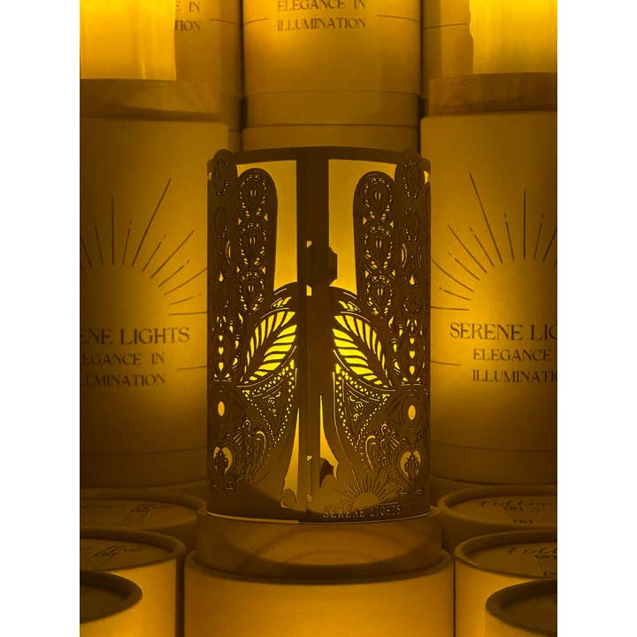 Serene Lights - Wholesale Decorative Tabletop Object - Hamsa, Decorative Candle Holder – Laser Etched, Handmade Wood Veneer, Rechargeable LED Candle
7