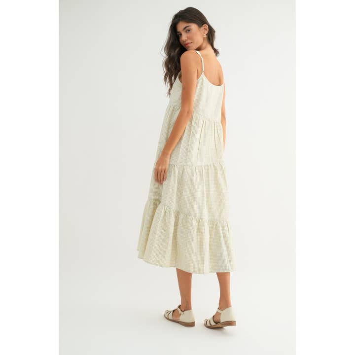 TAUPE CREAM PLAID ASYMMETRICAL TIERED MIDI DRESS / WL24-9970 for wholesale on Faire