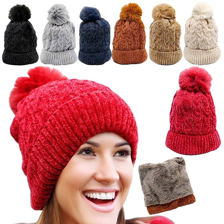 Cap Zone - Wholesale Beanie - Unisex - Cable Knitted Velvety Chenille Fleece Lined Beanie0