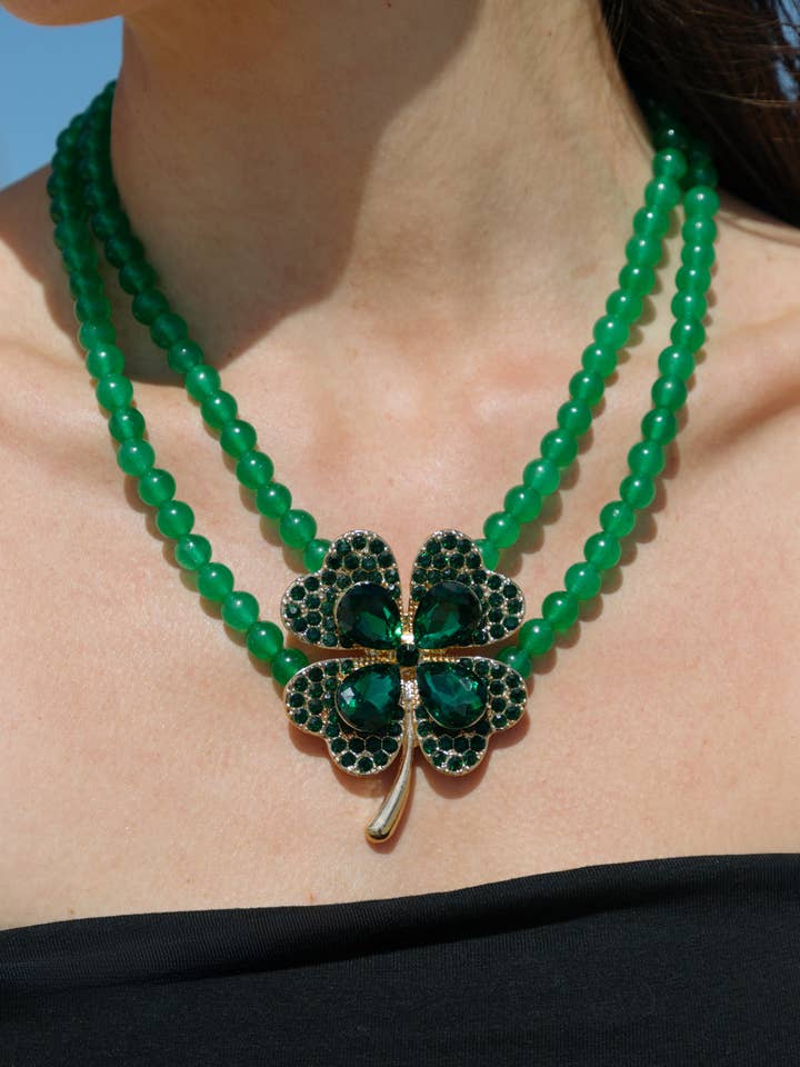 Green Clover Statement Beaded Necklace for wholesale by Eye Candy Los Angeles