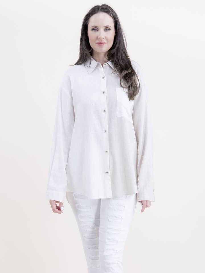 Chemise en lin et coton à manches longues, col à boutons, à deux tons pour la vente par Original USA
