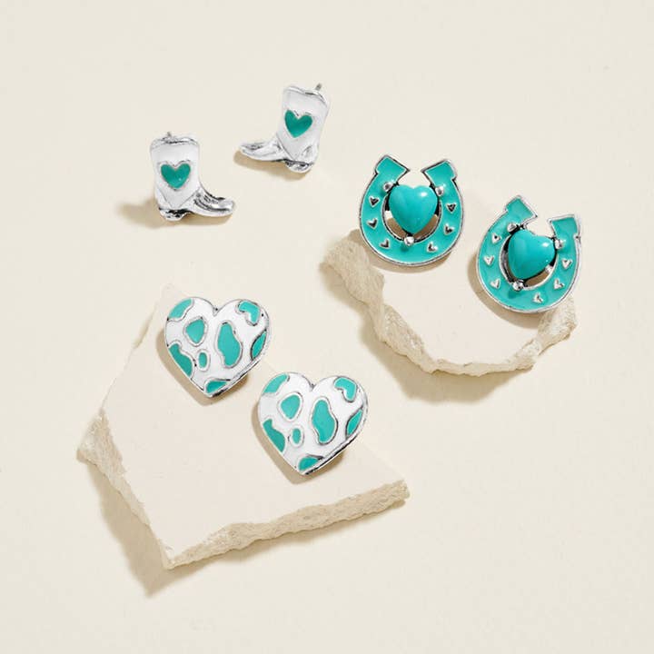 3 par - Western Heart Boot Horseshoe Stud Øreringesæt for engroshandel hos Sensibling Corp.