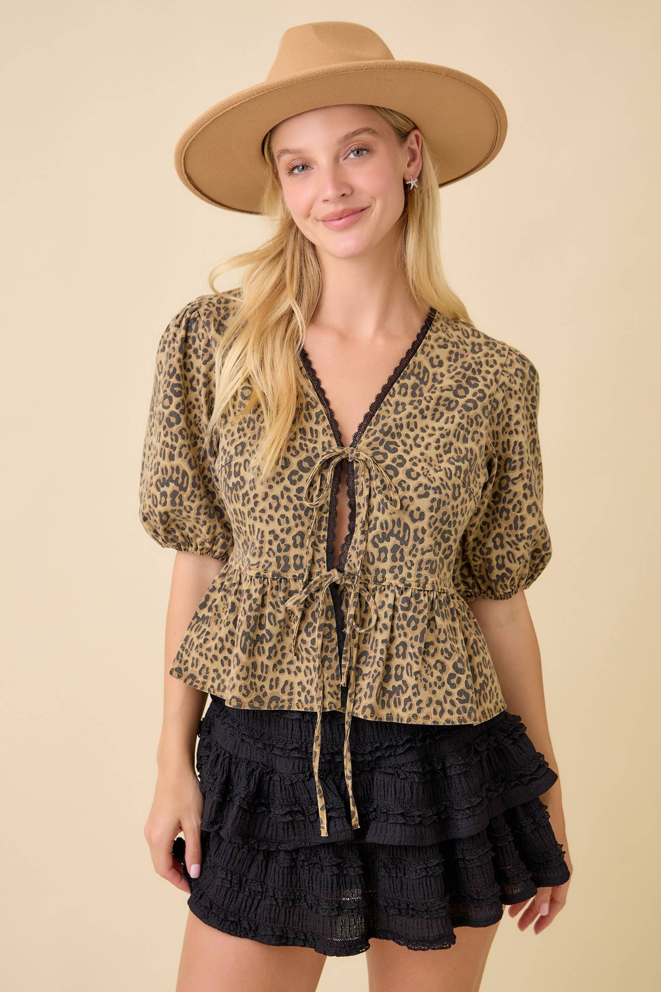 Leopard Printed Denim V-neck Baby Doll Blouse for wholesale on Faire4