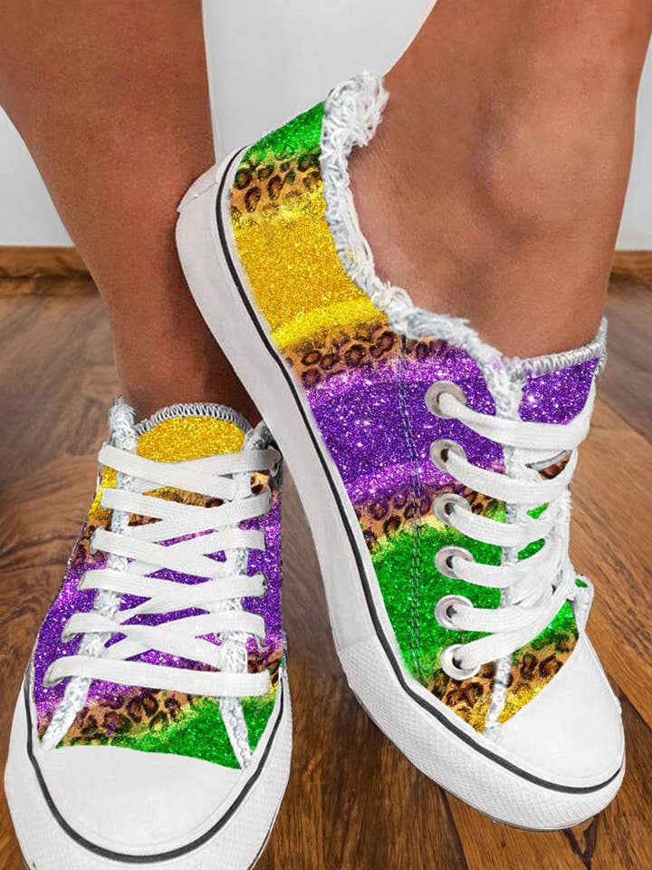 Chaussures en toile à lacets à blocs de couleur léopard Mardi Gras pour la vente par 1 the Woman