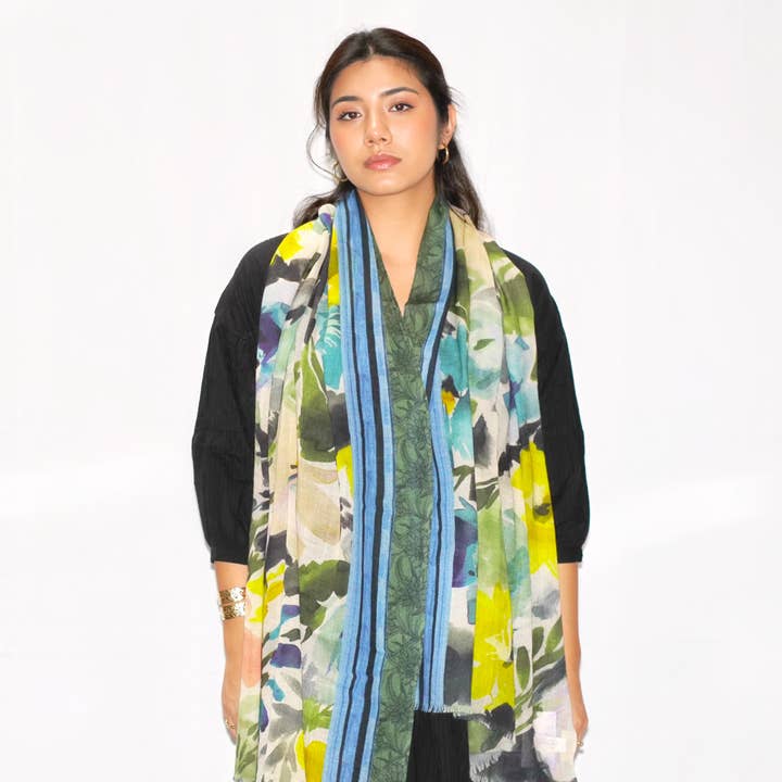 Dolma - Wholesale Scarf - Women's - Wool/Silk Blend Printed Scarf-Blue green0