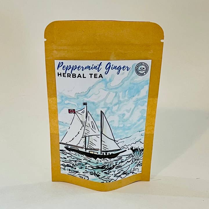 Artist Label | Bluenose Schooner - Peppermint Ginger HERBAL TEA for wholesale by NovelTea Bookstore & Gifts