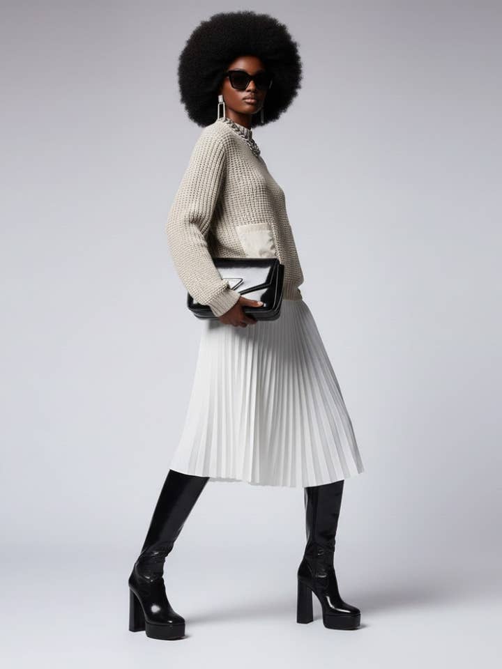 Beige Ribbed Knit Sweater with Nylon Pockets GREENWICH: New Colección COUTURE in NOLITA - BYMANYC ® New York for wholesale by BYMANYC NEW YORK