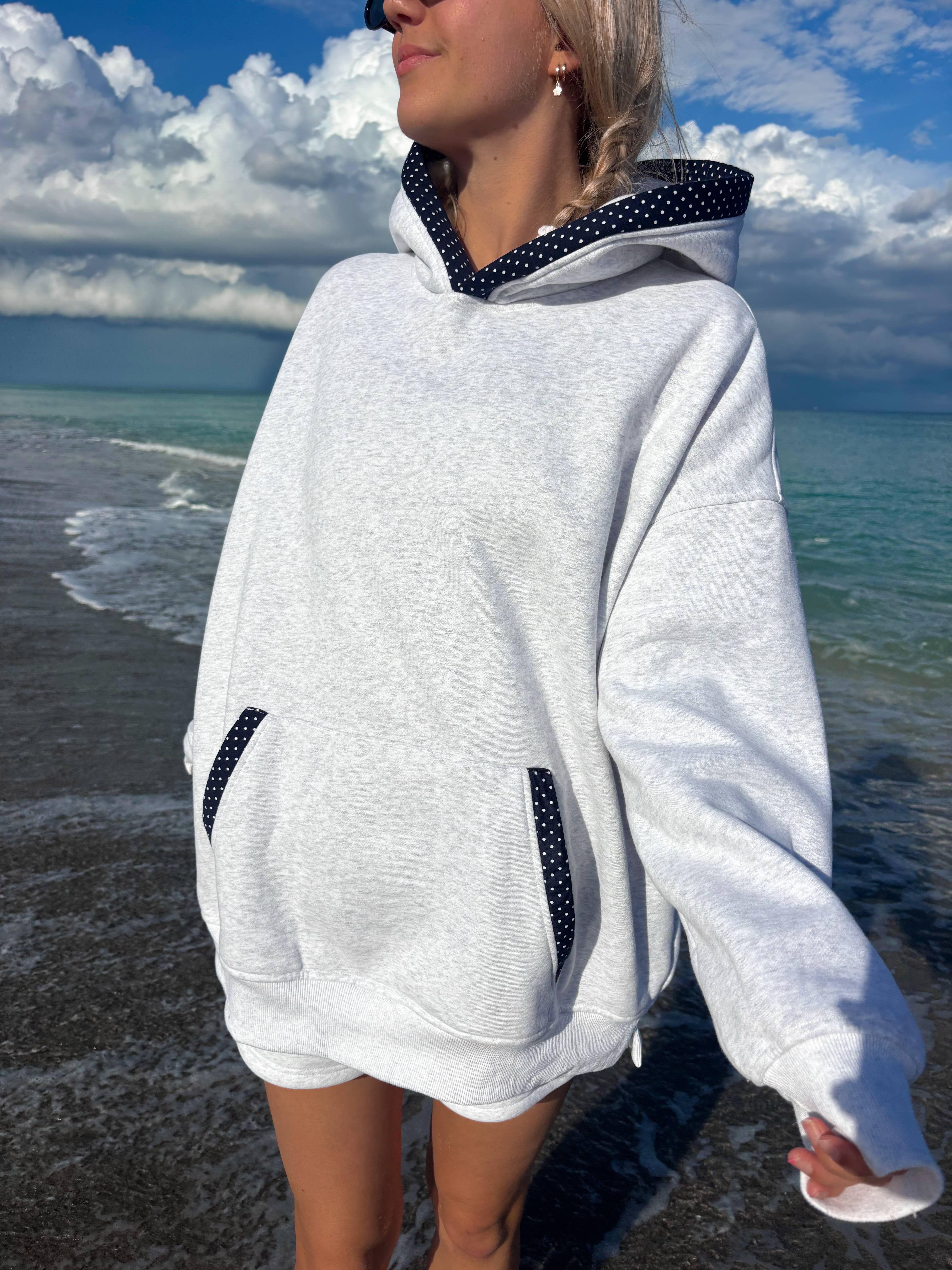 Sunkissed Coconut - Wholesale Hoodie - Women's - Pearl Grey Navy Blue Polka Dot Hoodie14