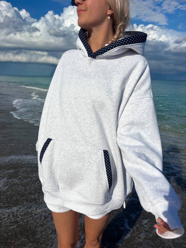 Sunkissed Coconut - Wholesale Hoodie - Women's - Pearl Grey Navy Blue Polka Dot Hoodie14