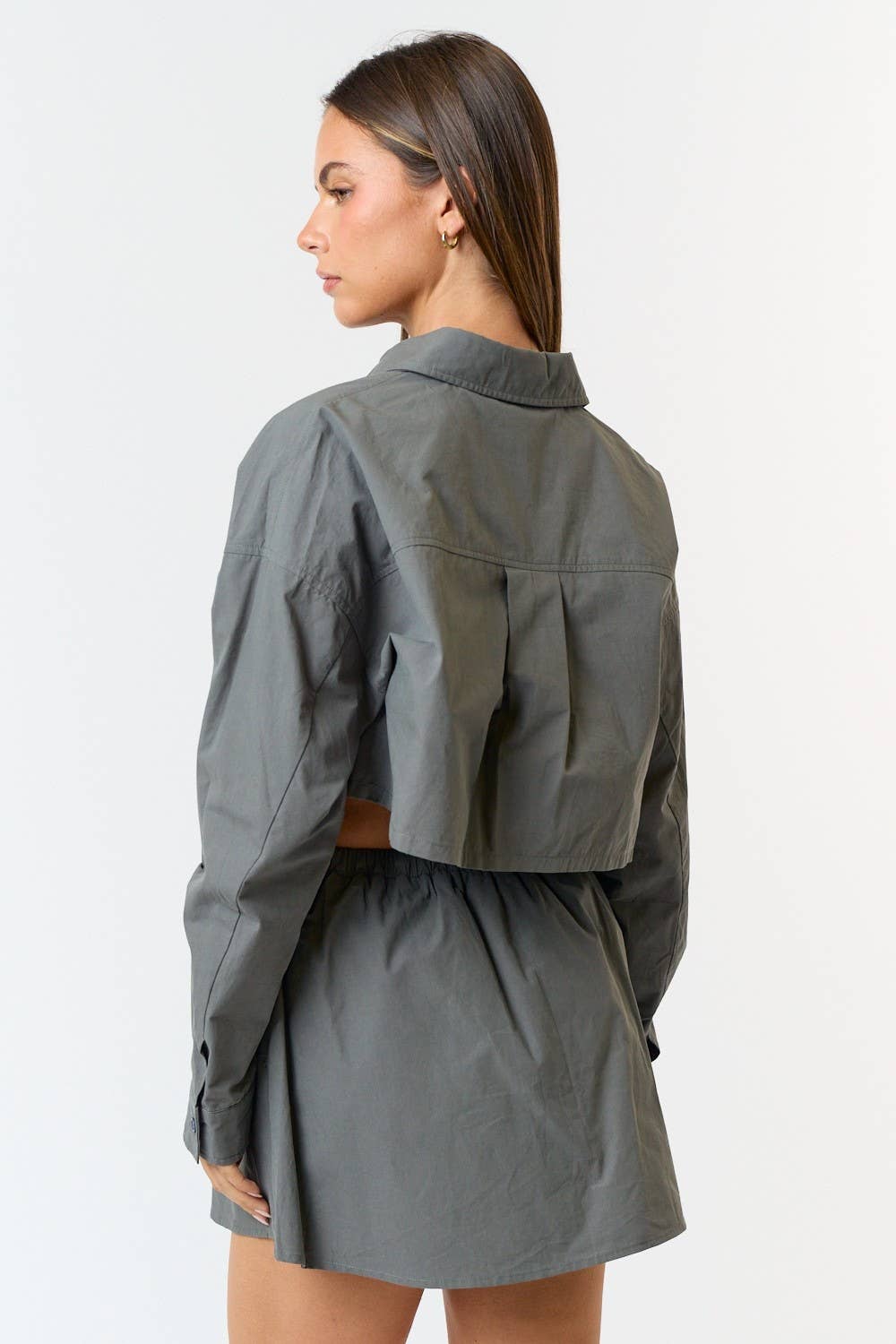 BURGUNDY Poplin Button Down Crop Shirt Jacket for wholesale on Faire9