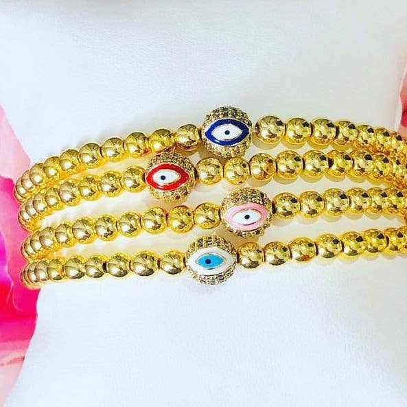 BestBeads&Beyond - Venta al por mayor Cuentas - Cuentas de bola de ojo malvado CZ Micro Pave, acabado dorado, 8 mm/10 mm negro/rosa/azul real/verde lágrima/rojo/azul turquesa, Sku #G425