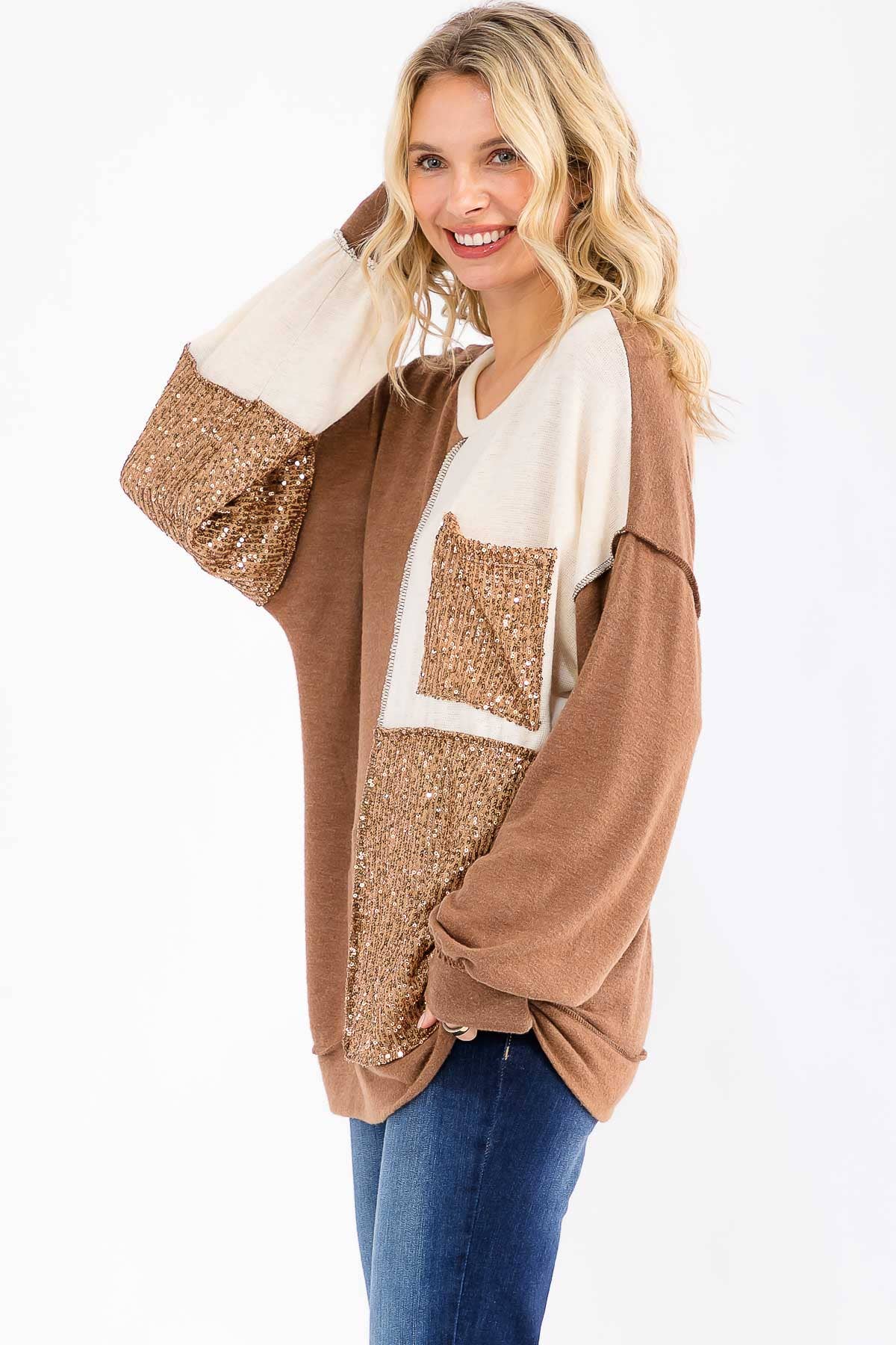 7th Ray – Sweatshirt - Mulher por atacado – Top de Manga Comprida com Bolso Patchwork de Lantejoulas T60602