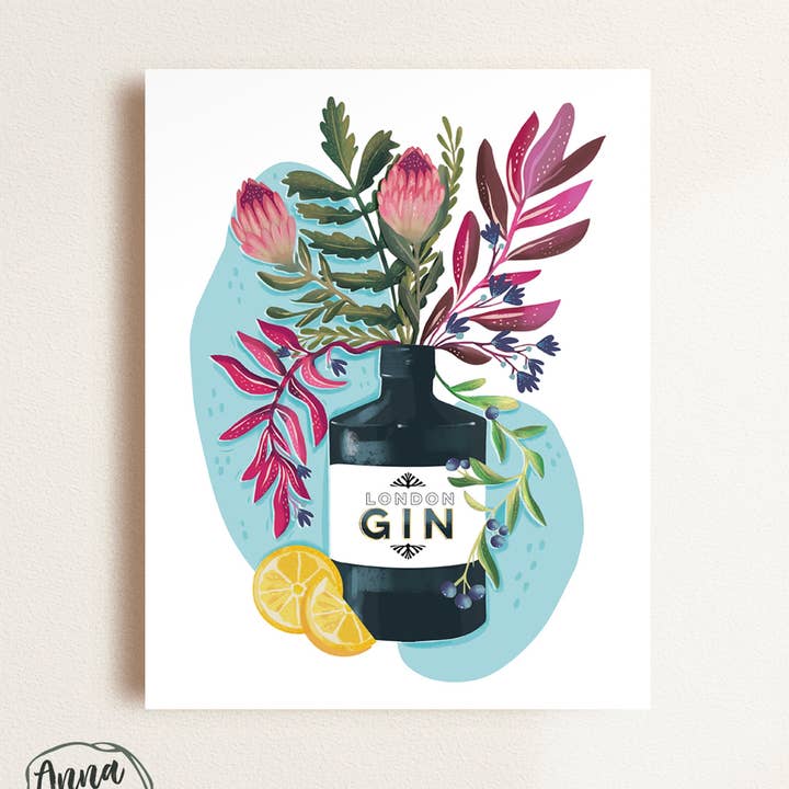 Floral Gin Botanical Art Print by Anna Cheng for wholesale by Anna Cheng Design