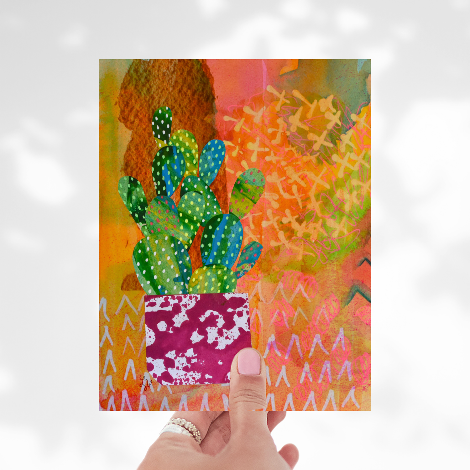LinHopArt - Wholesale Art Print - Cactus Plant: Mixed Media Collage- Fine Art Print 1