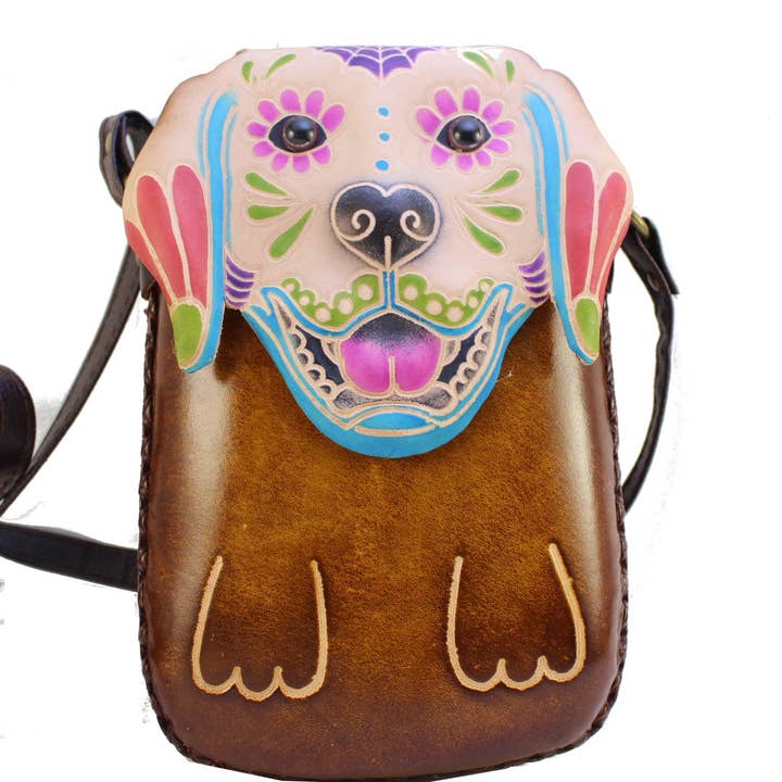 Pochette à bandoulière Sugar Skull Dog en cuir ay48 pour la vente par Sunflower Handmade leather inc