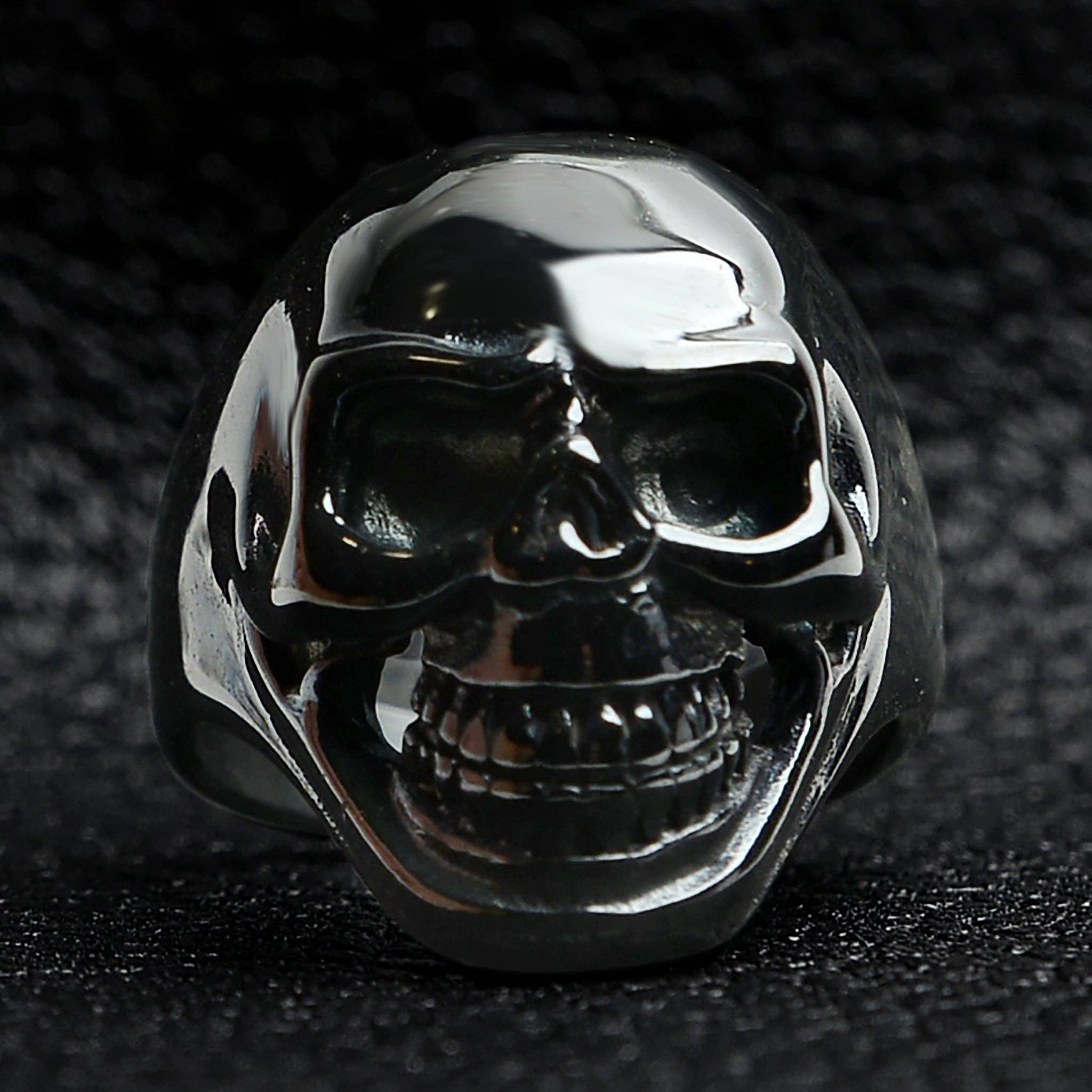 WJW - Wholesale Cocktail/Statement Ring - Black Grinning Skull Stainless Steel Ring6