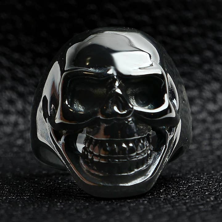 WJW - Wholesale Cocktail/Statement Ring - Black Grinning Skull Stainless Steel Ring6