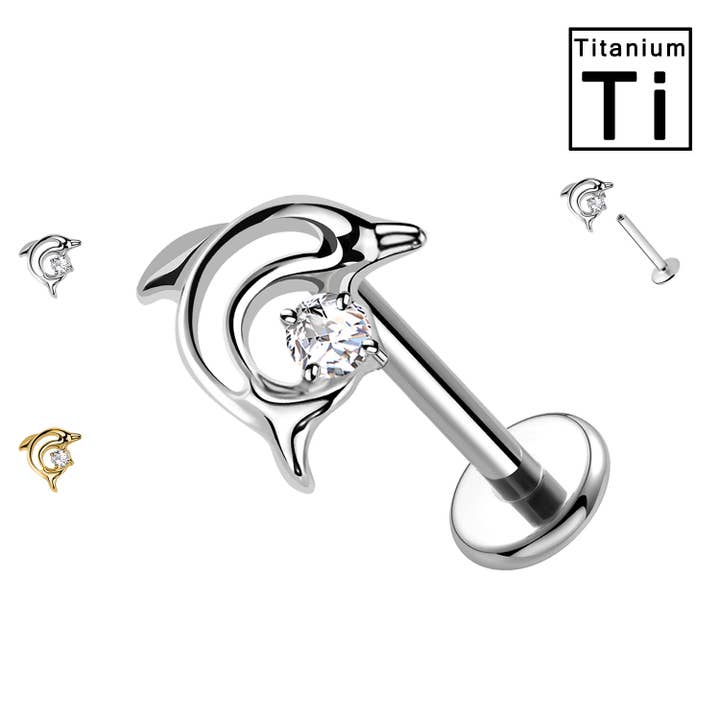 Titanium Labret Piercing with Dolphin Crystal PWC-281 for wholesale by Awaken
