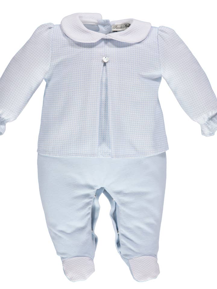 Blue baby boy babygrow with a blue tunic and collar for wholesale by Piccola Speranza